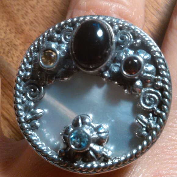 Shungite Multi Gemstone Mother of Pearl Sterling Silver Cocktail Ring (Size 7) - Picture 11 of 16